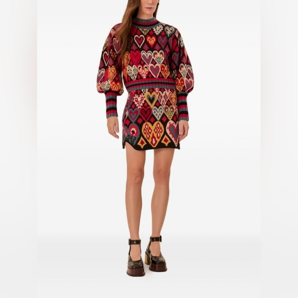 Bundle Farm Rio Black Hearts Ikat Knit Sweater and Skirt In Size Large. - Picture 5 of 16